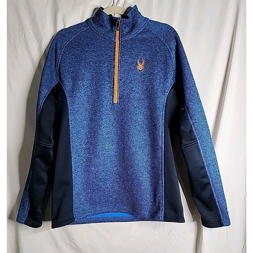 SPYDER Mens Blue Outbound 1/4 Zip Core Pullover Sweater Black Panels Orange Logo